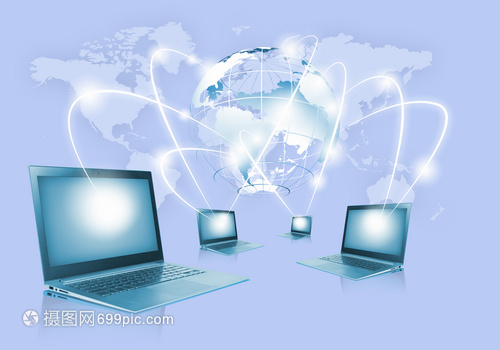 網絡背景上帶地球儀插圖的筆記本電腦圖像